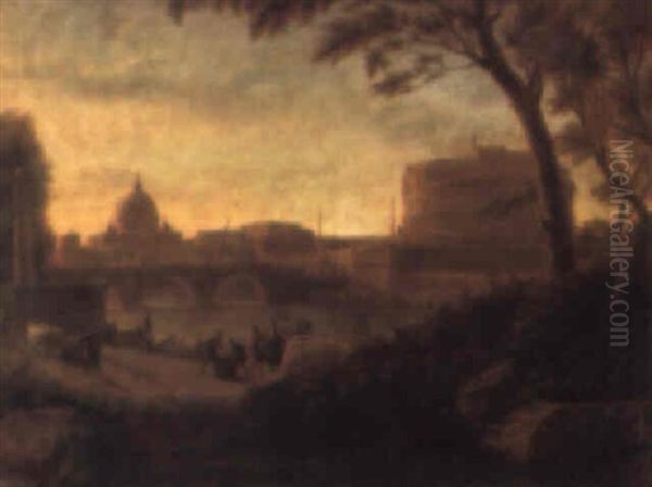 View Of The Tiber, Rome, With The Castel Sant'angelo And St. Peter's Oil Painting by Pierre Antoine Demachy