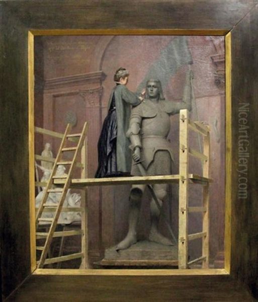 La Duchesse D'uzes Travaillant A La Statue Monumentale De Jeanne D'arc, Dans L'atelier De Falguiere Oil Painting by Adolphe Demange