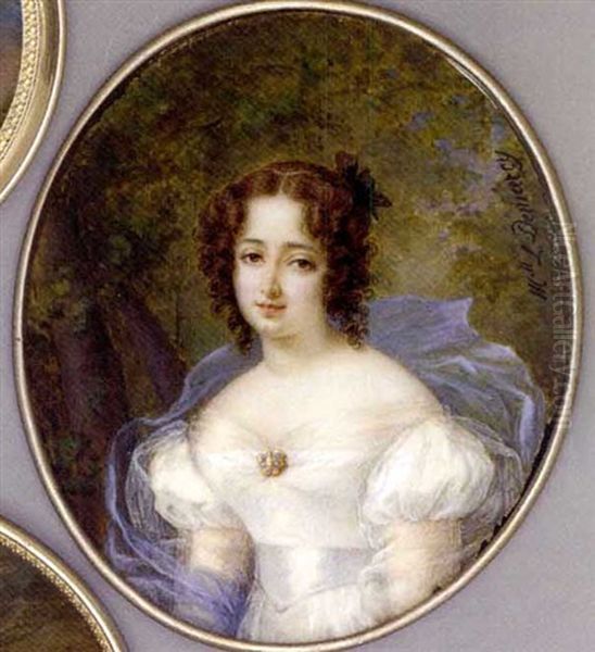 A Young Lady In A Forest, In White Silk Dress With Gauze Pinned At Corsage With Gold-set Turquoise Brooch, Gauze Sleeves, Pale Blue Sash, Floating Blue Gauze Stole, Black Bow In Her Curled Brown Hair Oil Painting by Antoinette Louise Demarcy