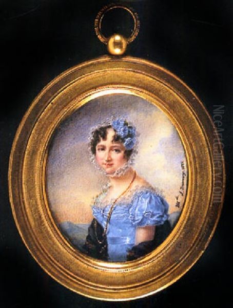 A Lady In Blue Dress With Ruched Bodice And Sleeves And White Lace Trim, And Red And Black Kashmir Shawl Oil Painting by Antoinette Louise Demarcy