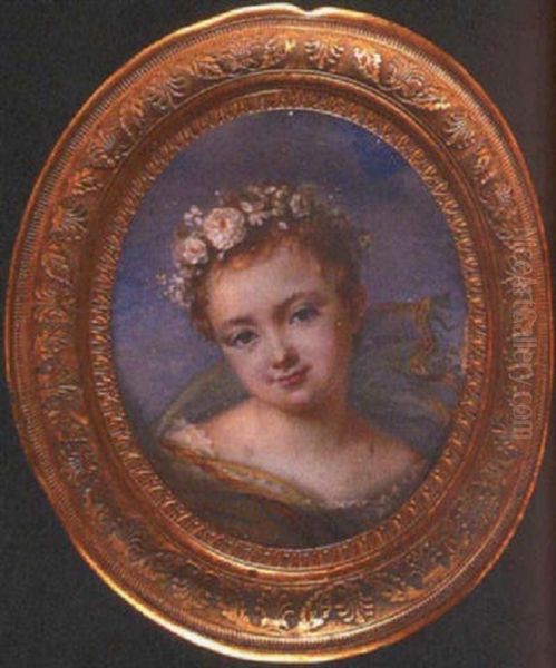 A Child In White Lace-trimmed Smock, A Green Shawl Around Her Shoulders With Yellow And Orange Striped Trim Oil Painting by Antoinette Louise Demarcy