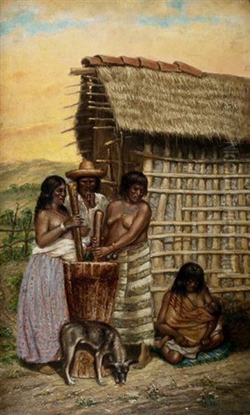 Indios Pisando Maiz Oil Painting by Bernabe Demaria