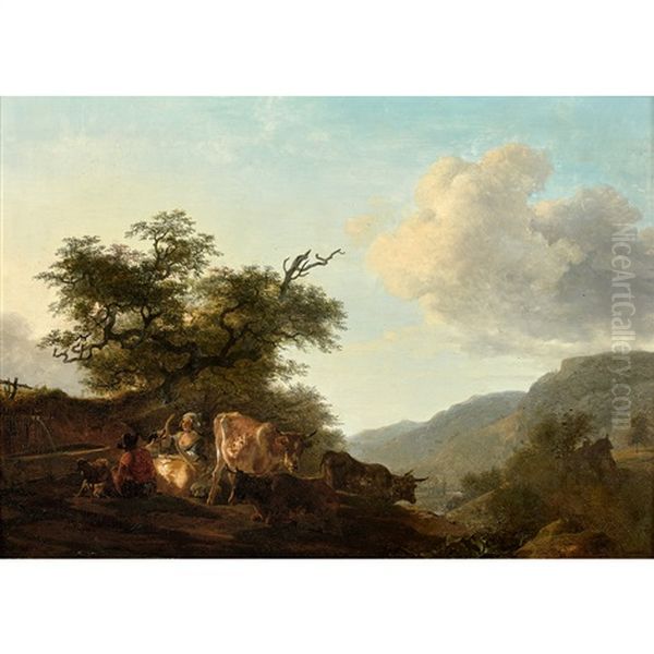 Berger Et Bergere Assis En Avant D'une Fontaine Oil Painting by Jean-Louis Demarne