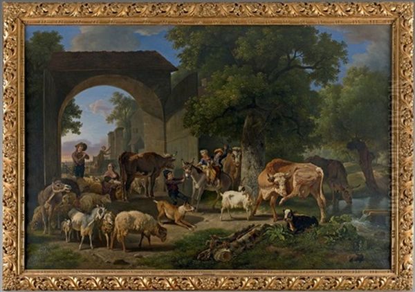 La Sortie De La Ferme La Rentree Des Animaux A La Ferme (2 Works) Oil Painting by Jean-Louis Demarne