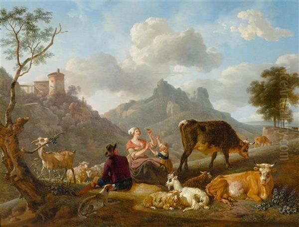 Shepherds And Sheep In A Mountainous Landscape Oil Painting by Jean-Louis Demarne