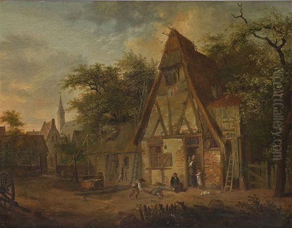 Kleines Dorf Mit Blick Auf Eine Kirche - Im Vordergrund Strohgedecktes Haus Mit Bauernfamilie Und Hund Oil Painting by Jean-Louis Demarne