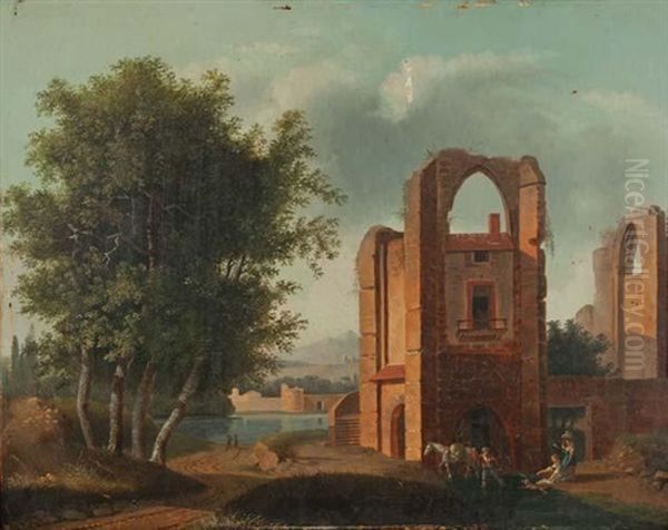 Habitations Dans Une Ruine Gothique Pres D'une Riviere Oil Painting by Jean-Louis Demarne