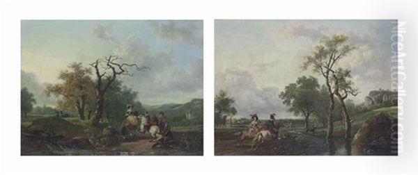 A Wooded Landscape With Elegantly Dressed Figures On Horseback On A Path...; A Wooded River Landscape With A Stag Hunt In The Foregound (pair) Oil Painting by Jean-Louis Demarne