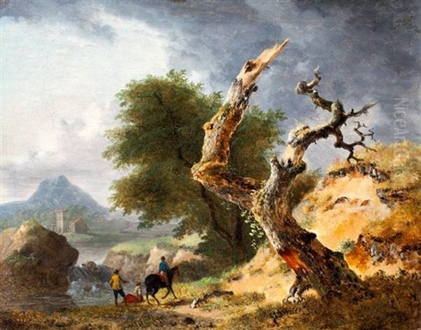 Wandelaars En Ruiter In Boomrijk Heuvellandschap Oil Painting by Jean-Louis Demarne