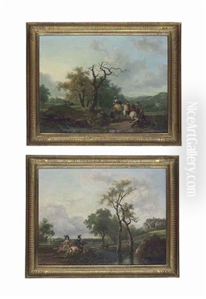 A Wooded Landscape With Elegantly Dressed Figures On Horseback...(+ A Wooded River Landscape With A Stag Hunt In The Foregound; Pair) Oil Painting by Jean-Louis Demarne