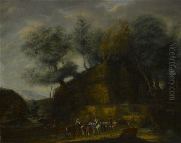 A Rocky Landscape With Figures In The Foreground Oil Painting by Jean-Louis Demarne