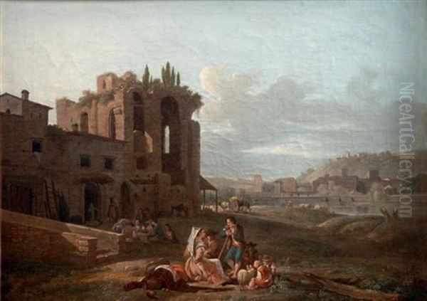 La Halte Des Paysans Dans Un Paysage Italianisant by Jean-Louis Demarne