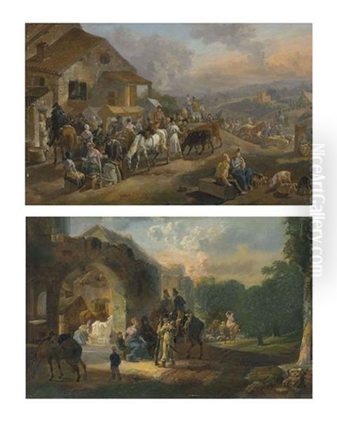 A Fair In A Village (+ Soldiers Halting At A Farm; Pair) Oil Painting by Jean-Louis Demarne