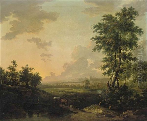 A Wooded River Landscape With A Drover Crossing A Bridge With His Cattle Oil Painting by Jean-Louis Demarne