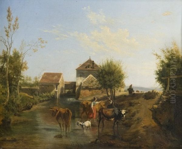 Le Passage Du Gue Devant Un Moulin A Eau Oil Painting by Jean-Louis Demarne