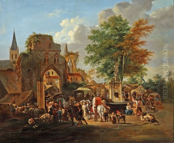 Scene De Marche Pres D'une Fontaine A La Porte D'une Ville Oil Painting by Jean-Louis Demarne