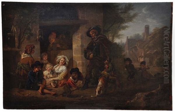 Saltimbanque Et Ses Signes Musiciens Devant Une Famille Paysanne Rassemblee Devant La Maison by Jean-Louis Demarne