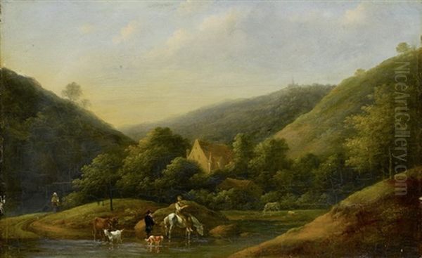 Hugellandschaft Mit Hirtin Zu Pferd, Hirt, Hund Und Ziege Oil Painting by Jean-Louis Demarne