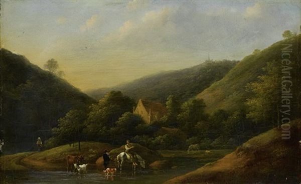 Hugellandschaft Mit Hirtin Zu Pferd, Hirt, Hund Und Ziege Oil Painting by Jean-Louis Demarne