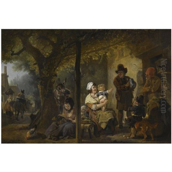 Figures Gathered Outside An Inn Oil Painting by Jean-Louis Demarne