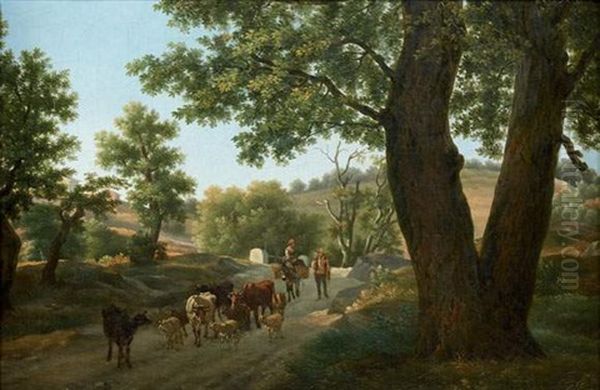 Bergers Et Leur Troupeau Sur Un Chemin Sur Sa Toile D'origine Oil Painting by Jean-Louis Demarne