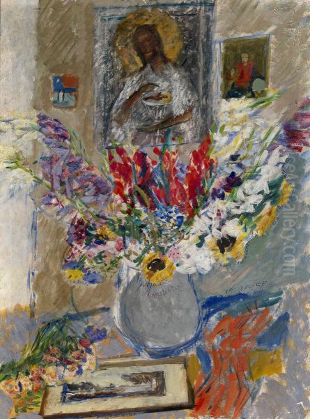 Still Life With Flowers And Icon Oil Painting by Alexis Pawlowitsch Arapoff