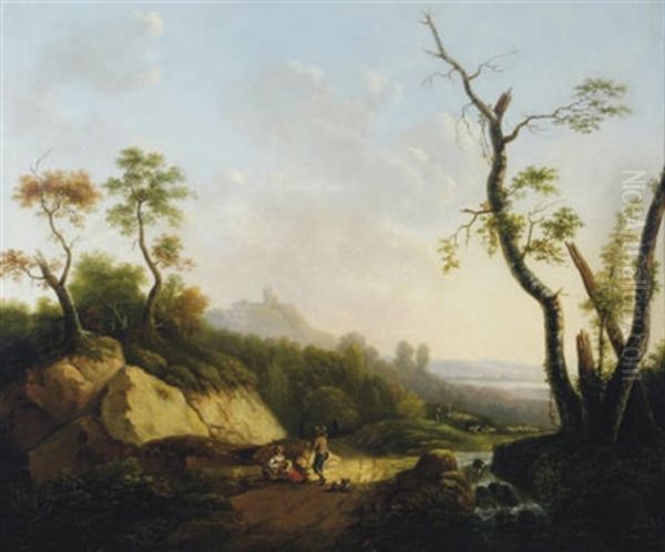 Figures Resting In A Wooded Valley (+ Another; Pair) Oil Painting by Jean-Louis Demarne