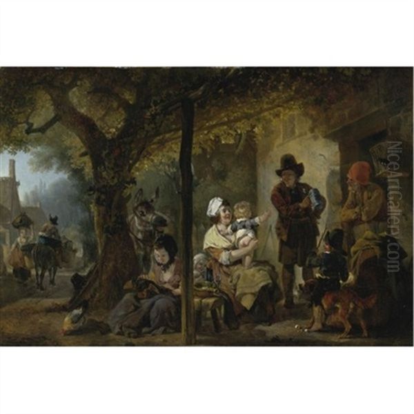 A Family Gathered Outside An Inn Oil Painting by Jean-Louis Demarne