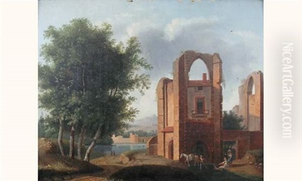 Habitation Dans Une Ruine Gothique Pres D'une Riviere Oil Painting by Jean-Louis Demarne