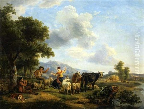 Couple De Bergers Dansant A Cote D'un Troupeau Oil Painting by Jean-Louis Demarne