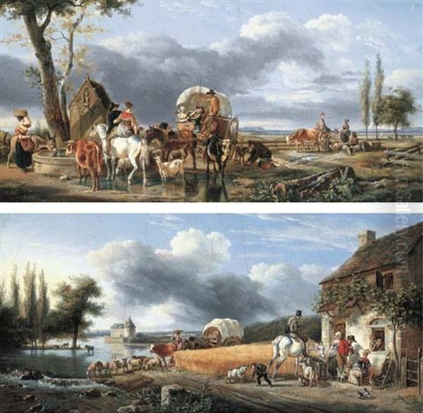 Travelling Peasants With Their Cattle And Sheep In A Landscape (+ Figures With Animals Outside An Inn Beside A Wheat Field; Pair) Oil Painting by Jean-Louis Demarne