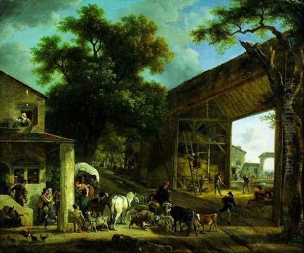 Une Halte De Bergers Et Leur Troupeau Devant Une Auberge Oil Painting by Jean-Louis Demarne