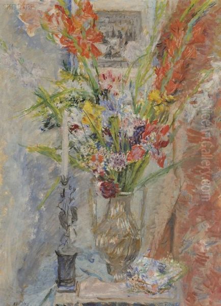 Still Life With Flowers And Candle Oil Painting by Alexis Pawlowitsch Arapoff