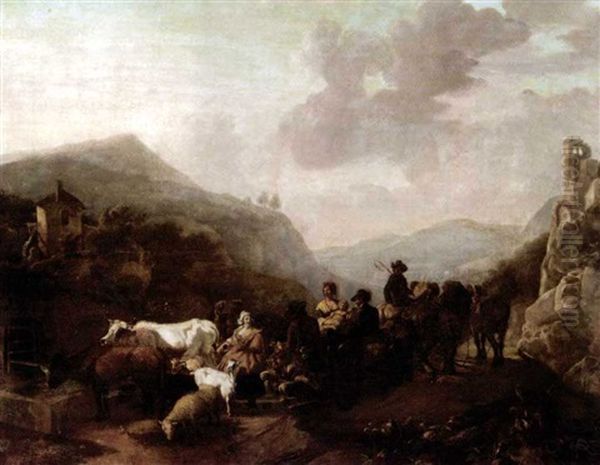 An Extensive Italianate Landscape With A Caravan Of Drovers Watering Their Animals Oil Painting by Jean-Louis Demarne