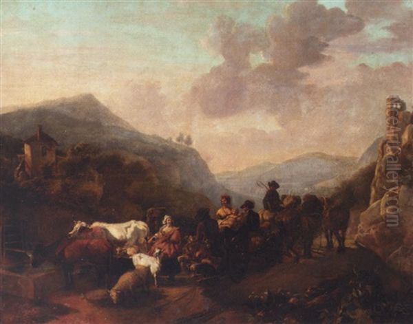 An Extensive Italianate Landscape With A Caravan Of Drovers Watering Their Animals Oil Painting by Jean-Louis Demarne