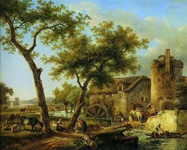 Paysans Et Leur Troupeau Pres D'un Moulin A Eau Oil Painting by Jean-Louis Demarne