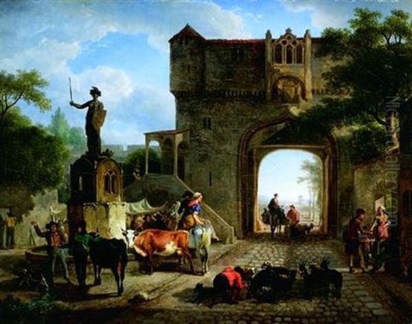 Scene De Marche A L'entree D'une Ville Fortifiee Oil Painting by Jean-Louis Demarne