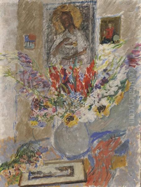 Still Life With Flowers And Icon Oil Painting by Alexis Pawlowitsch Arapoff