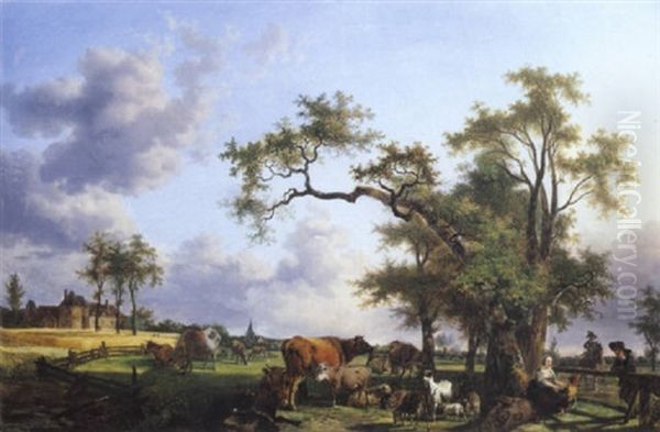 Bergere Et Son Troupeau Dans Un Paysage Avec Un Chateau Dans Le Fond Oil Painting by Jean-Louis Demarne