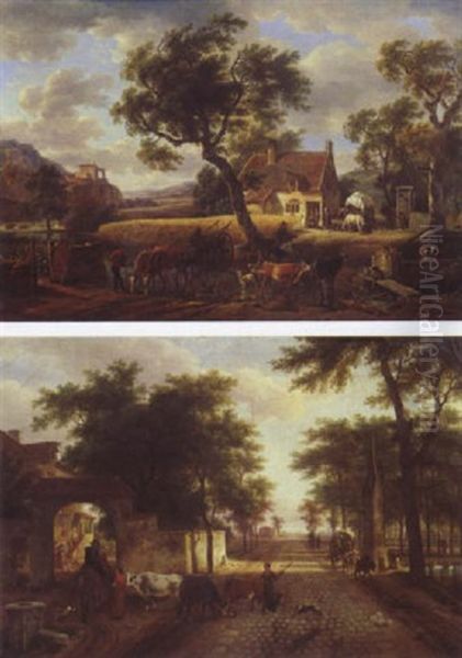 Ferme-relais Animee Au Bord D'une Route Pavee Oil Painting by Jean-Louis Demarne