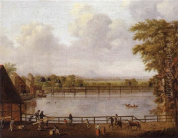 Buntes Treiben An Einem Fischteich Oil Painting by Jean-Louis Demarne