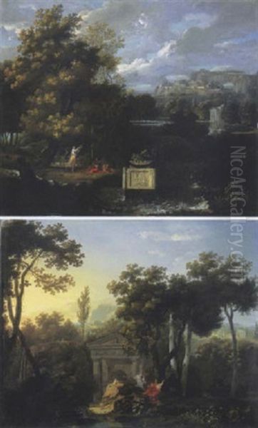 Paysage Boise Avec Une Nymphe Dansant Devant Deux Bergers Assis Pres D'un Cours D'eau, Une Ville Antique Au Loin Oil Painting by Jean-Louis Demarne