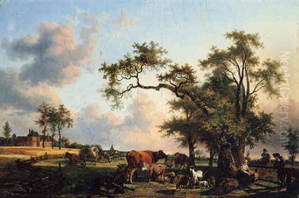 A Landscape With A Shepherdess Playing With A Child At The Edge Of A Paddock, A Chateau Beyond Oil Painting by Jean-Louis Demarne