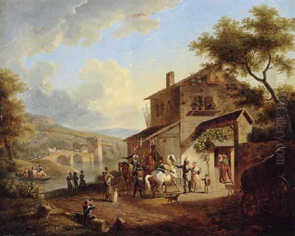 A Landscape With Soldiers Taking Leave From Their Families Oil Painting by Jean-Louis Demarne