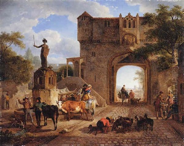 A Dairy-maid Watering Her Cattle Before The Gates Of A French Town Oil Painting by Jean-Louis Demarne