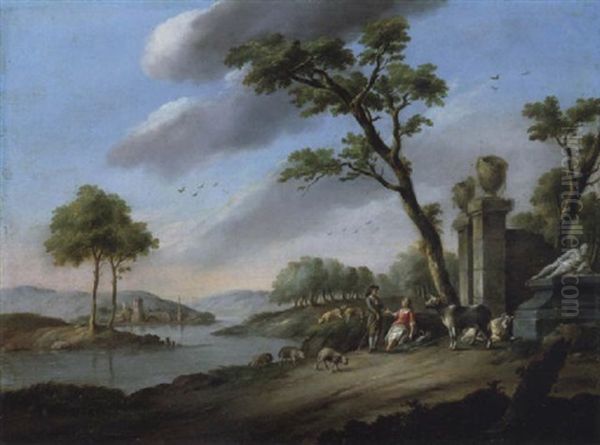 Flusslandschaft Mit Hirtenstaffage Oil Painting by Jean-Louis Demarne