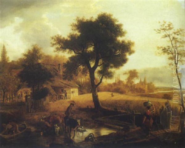 Les Travaux Des Champs Pres D'une Ferme Oil Painting by Jean-Louis Demarne