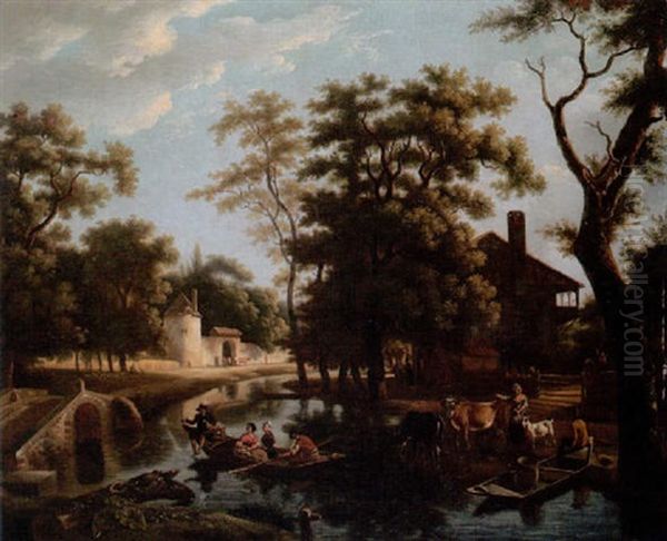 River Landscape With Ferryboats Near A Village Oil Painting by Jean-Louis Demarne