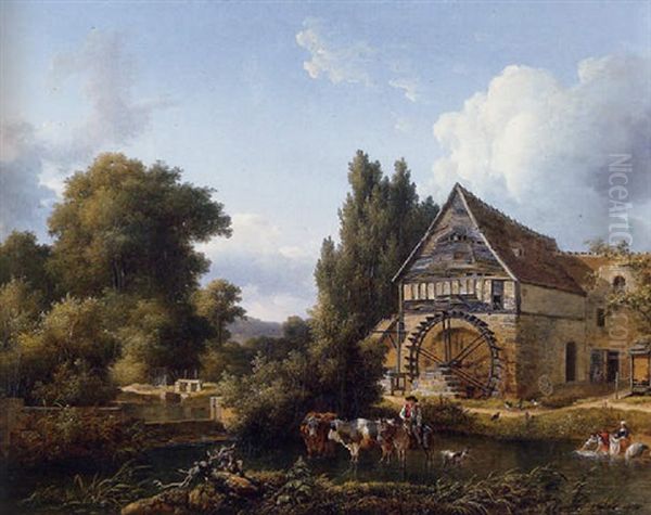 A Wooded Landscape With Washerwomen And Cattle Watering By A Mill Oil Painting by Jean-Louis Demarne