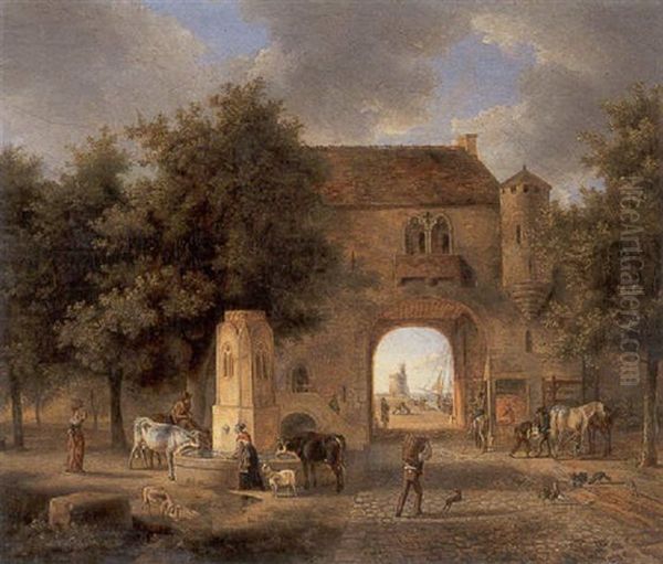 View Of A Town Square Oil Painting by Jean-Louis Demarne